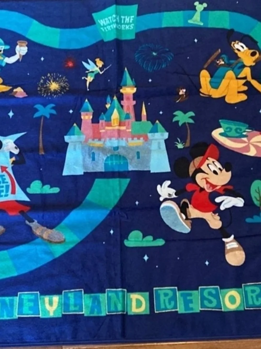 Disney Parks Beach Towel Navy Blue with Teal, Yellow & Pink Character Design